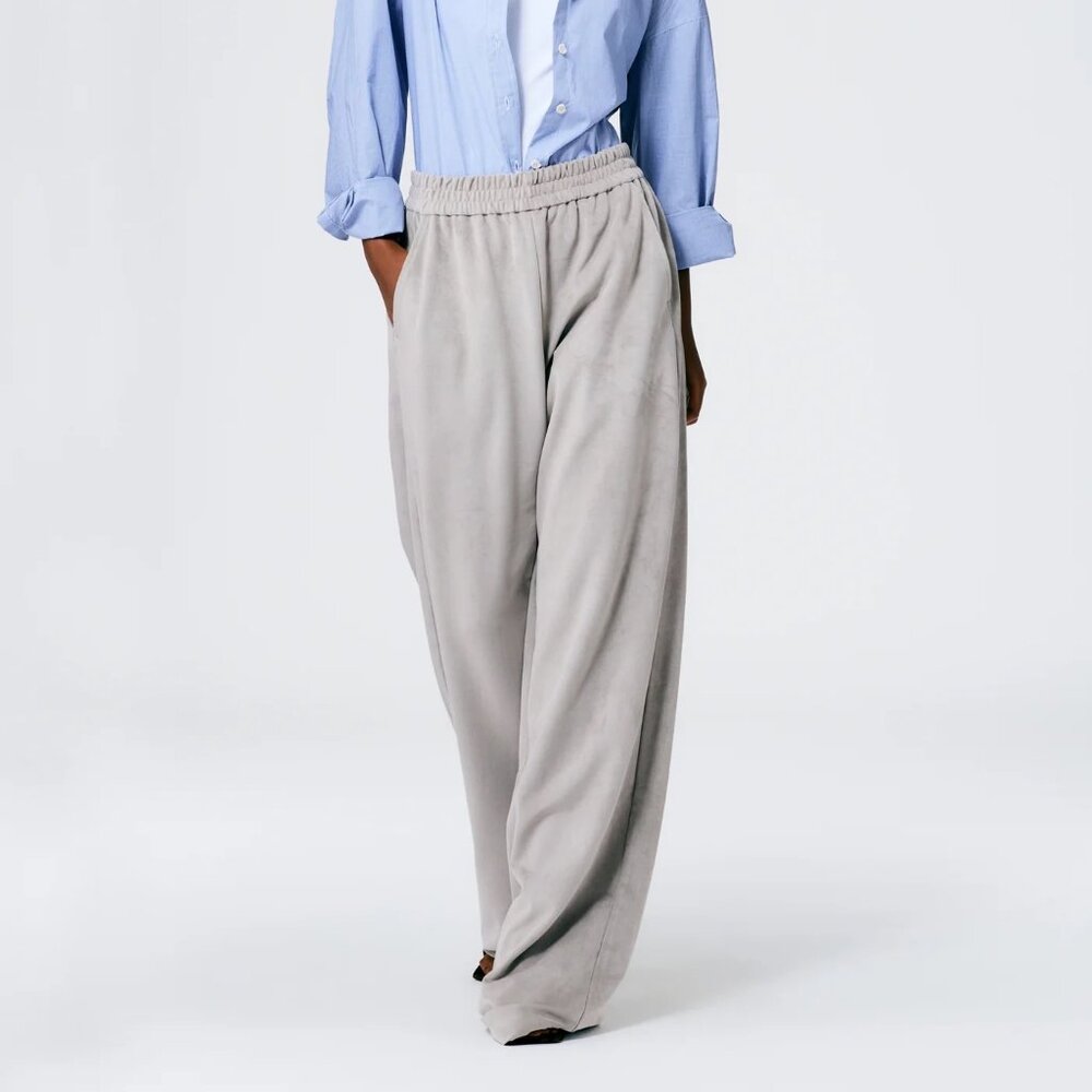 Tibi Light Gray Elastic-Waist Wide Leg Pants